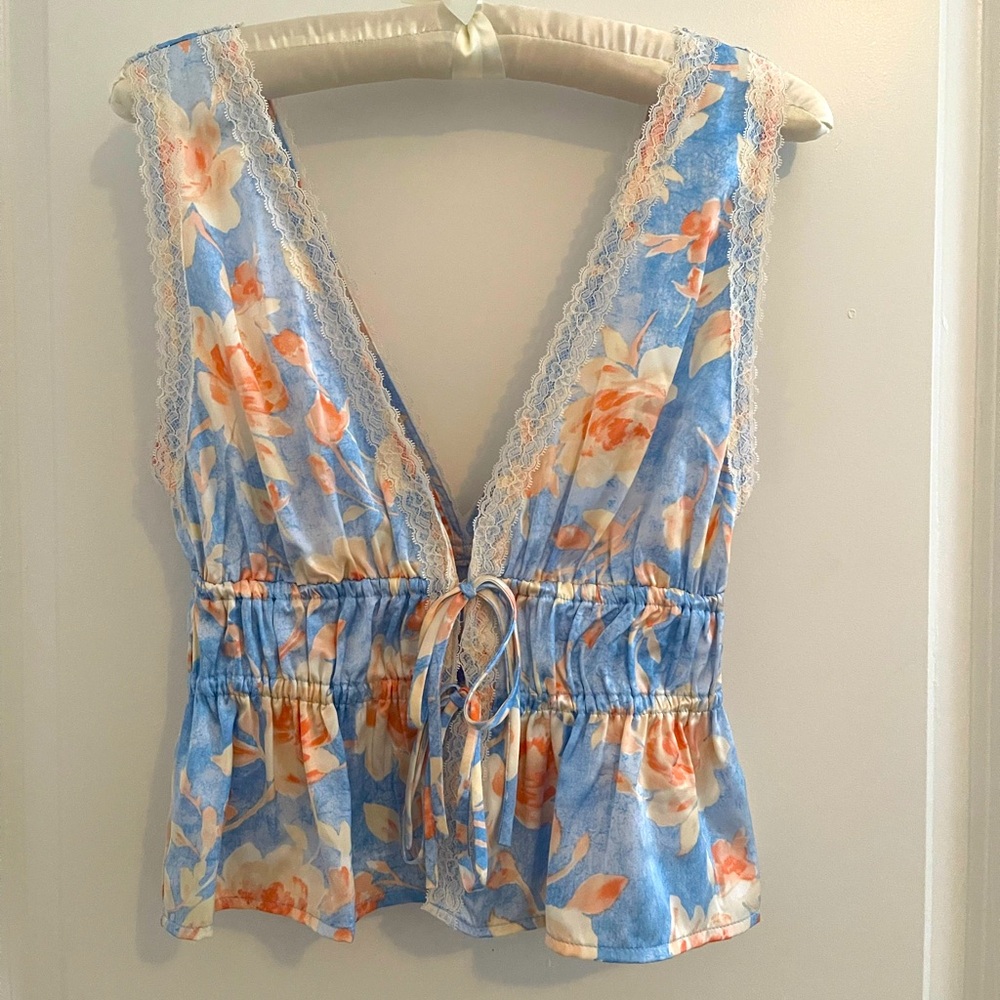 Wayf Blue and Orange Floral Blouse